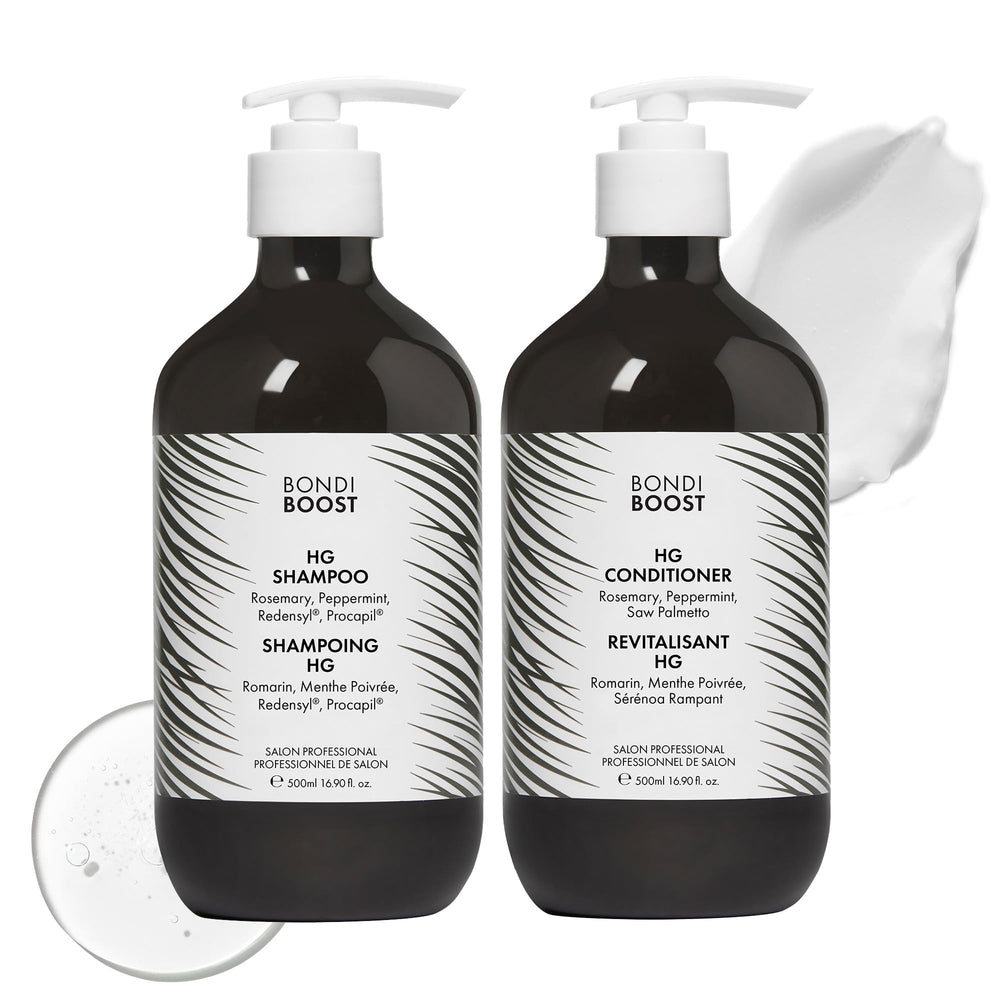 BondiBoost HG shampoo bottle front view promotes fuller-looking hair.