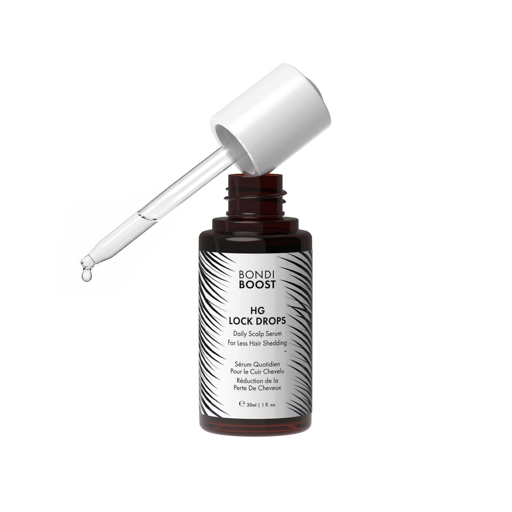 BondiBoost HG Lock Drops bottle closeup for a lightweight, non-greasy daily serum promoting fuller hair.