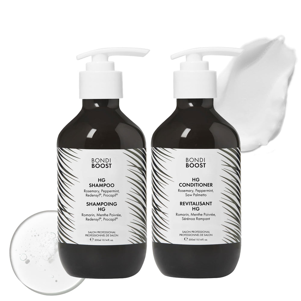 BondiBoost HG shampoo bottle focusing on fuller-looking hair potential.