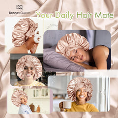 BONNET QUEEN satin bonnet stretch-band closeup highlights secure, non-slip wrap for all-night wear.