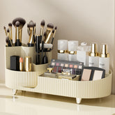 Booklov rotating makeup organizer in ivory, top view, keeps brushes within easy reach.
