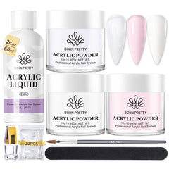 Born Pretty acrylic nail kit contents—powders and tools for easy at-home practice.