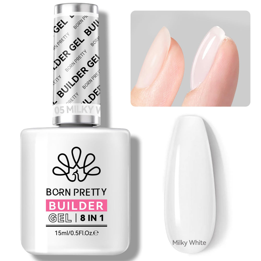 Born Pretty Builder Gel 8in1 milky white bottle—base, apex, and strength for nails.