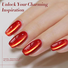 Born Pretty Cat Magnetic Eye Gel Nail Polish on fingertip with shimmering red glow.