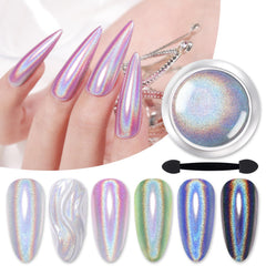 Born Pretty holographic nail powder jar closeup showing rainbow sparkle for dazzling nails.