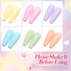 Born Pretty pastel gel nail polish set color swatches reveal candy-inspired hues for spring looks.