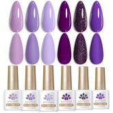 Born Pretty purple gel nail polish set swatches show six hues for versatile manicures