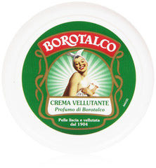 Borotalco Scented Smoothing Cream jar close-up showing velvety texture and lingering fragrance.