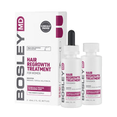 BosleyMD hair regrowth bottle closeup for women using minoxidil.