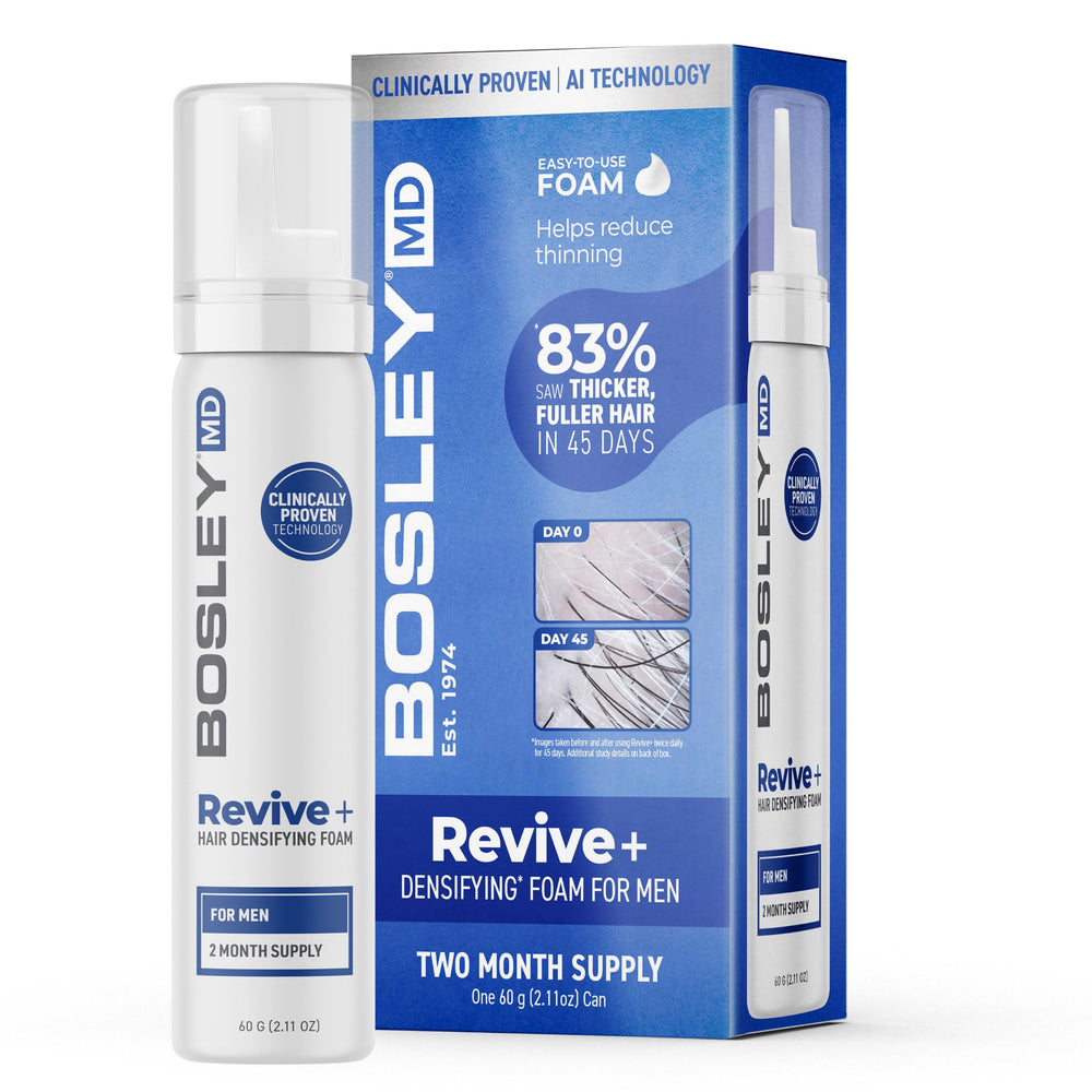 BosleyMD Revive+ densifying foam bottle highlighting drug-free thinning support for men's hair