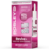 BosleyMD Revive+ serum bottle demonstrates a drug-free formula for fuller-looking hair.