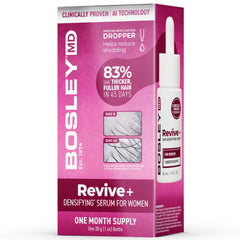 BosleyMD Revive+ serum bottle demonstrates a drug-free formula for fuller-looking hair.