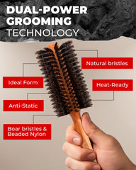 Bossman round brush detangling action shows how it glides through hair during blow-drying for rapid styling