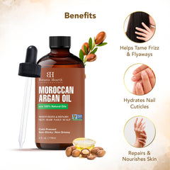 Botanic Hearth Argan Hair Oil label closeup emphasizes non-GMO verification.