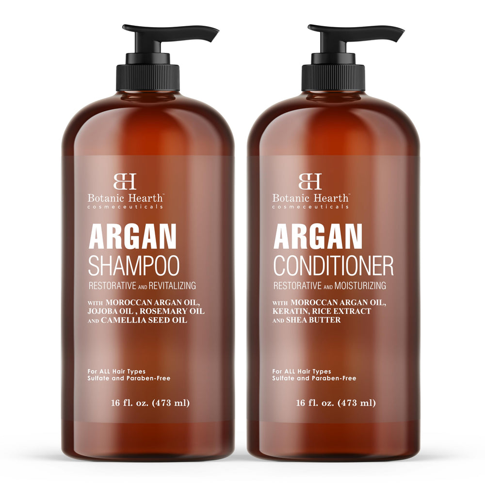 Botanic Hearth Argan Oil Shampoo bottle closeup highlighting sulfate-free cleansing for all hair types