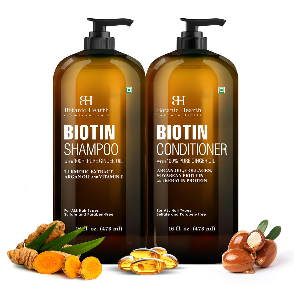 Botanic Hearth Biotin Shampoo bottle front view showing cleansing action for nourished hair