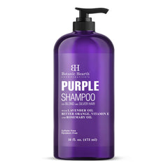 Botanic Hearth Purple Shampoo bottle shows color-correcting for blondes, silvers, and grays.