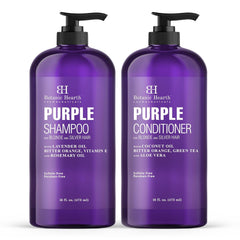 Botanic Hearth Purple Shampoo bottle shows vibrant blonde tones and color balance.
