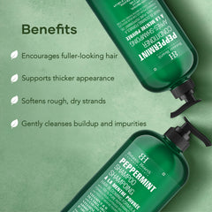 Botanic Hearth peppermint shampoo label close-up highlights pure peppermint oil for a refreshing cleanse.