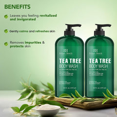 Botanic Hearth Tea Tree Body Wash in shower scene ready for a refreshing cleanse