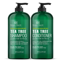 Botanic Hearth Tea Tree Shampoo bottle promotes a refreshing scalp cleanse.