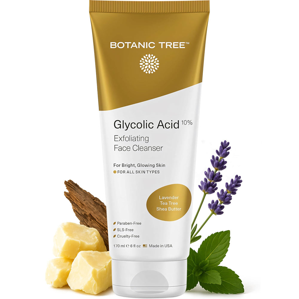 Botanic Tree Glycolic Face Wash bottle highlights 10% acids for exfoliation.