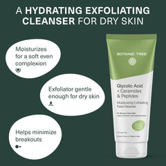 Botanic Tree Hydrating Glycolic Cleanser ingredients highlight ceramides and peptides for barrier support.