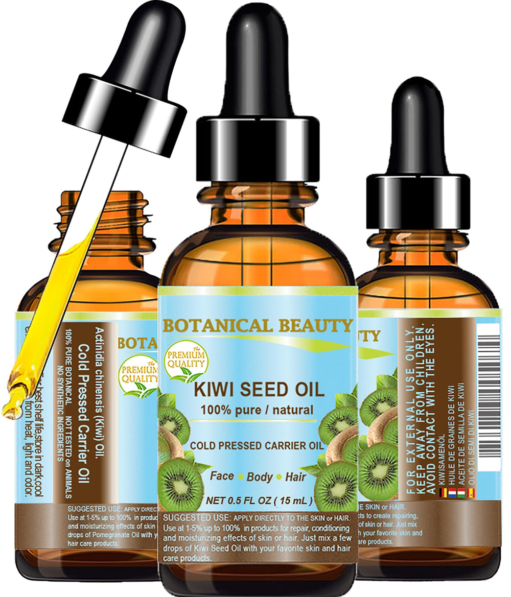 Botanical Beauty Kiwi Seed Oil bottle demonstrates lightweight hydration for face and body