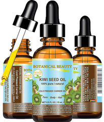Botanical Beauty Kiwi Seed Oil bottle demonstrates lightweight hydration for face and body