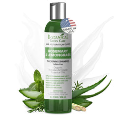 Botanical Green Care rosemary-lemongrass-shampoo-bottle promotes fuller-looking hair with a gentle daily-use formula.