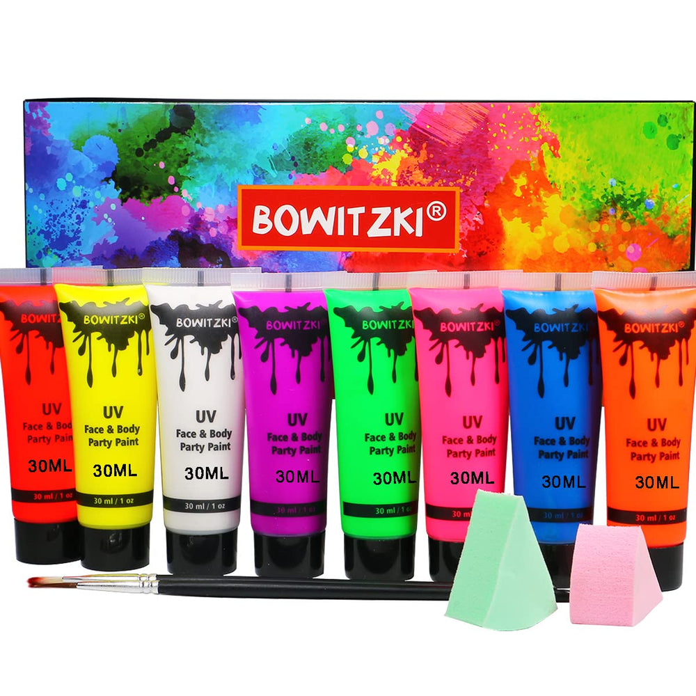 Bowitzki UV neon face paint 8-tube kit glows under black light for party looks.