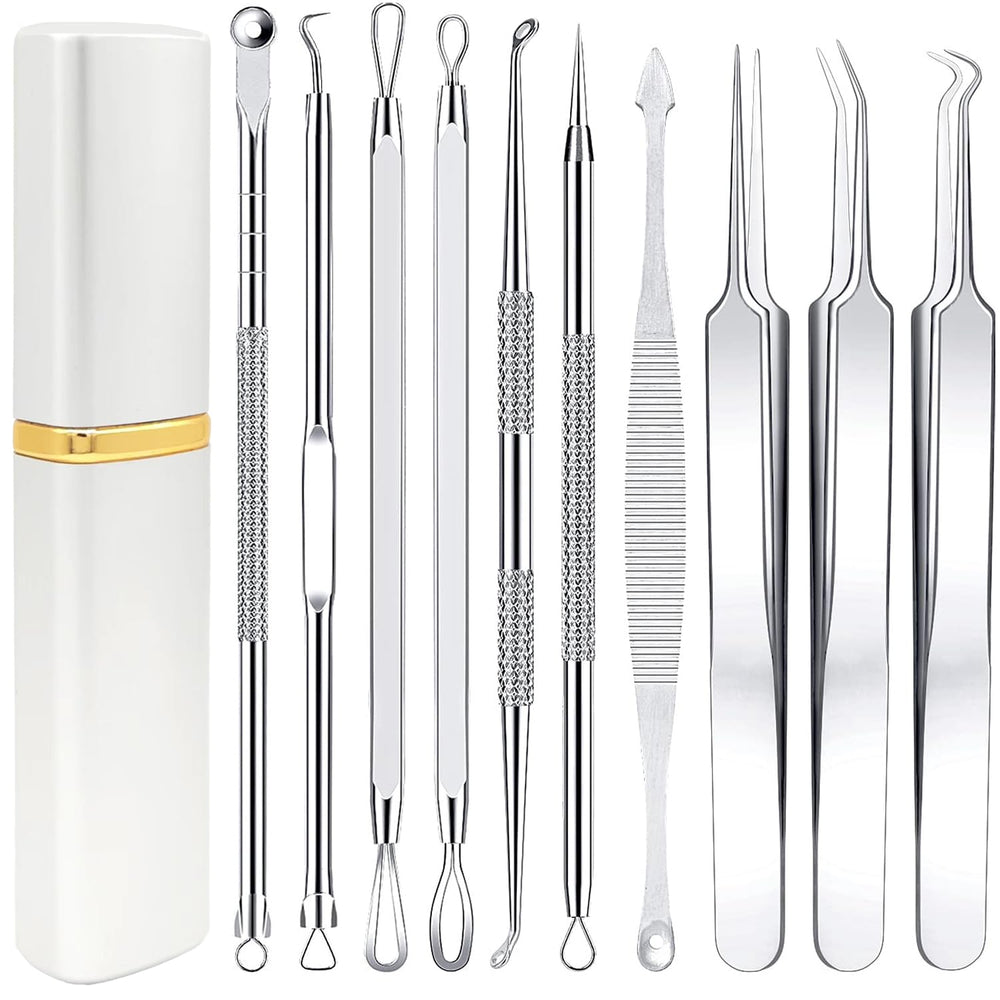 Boxoyx pimple popper tool kit in metal case shows portable storage for quick touch-ups.