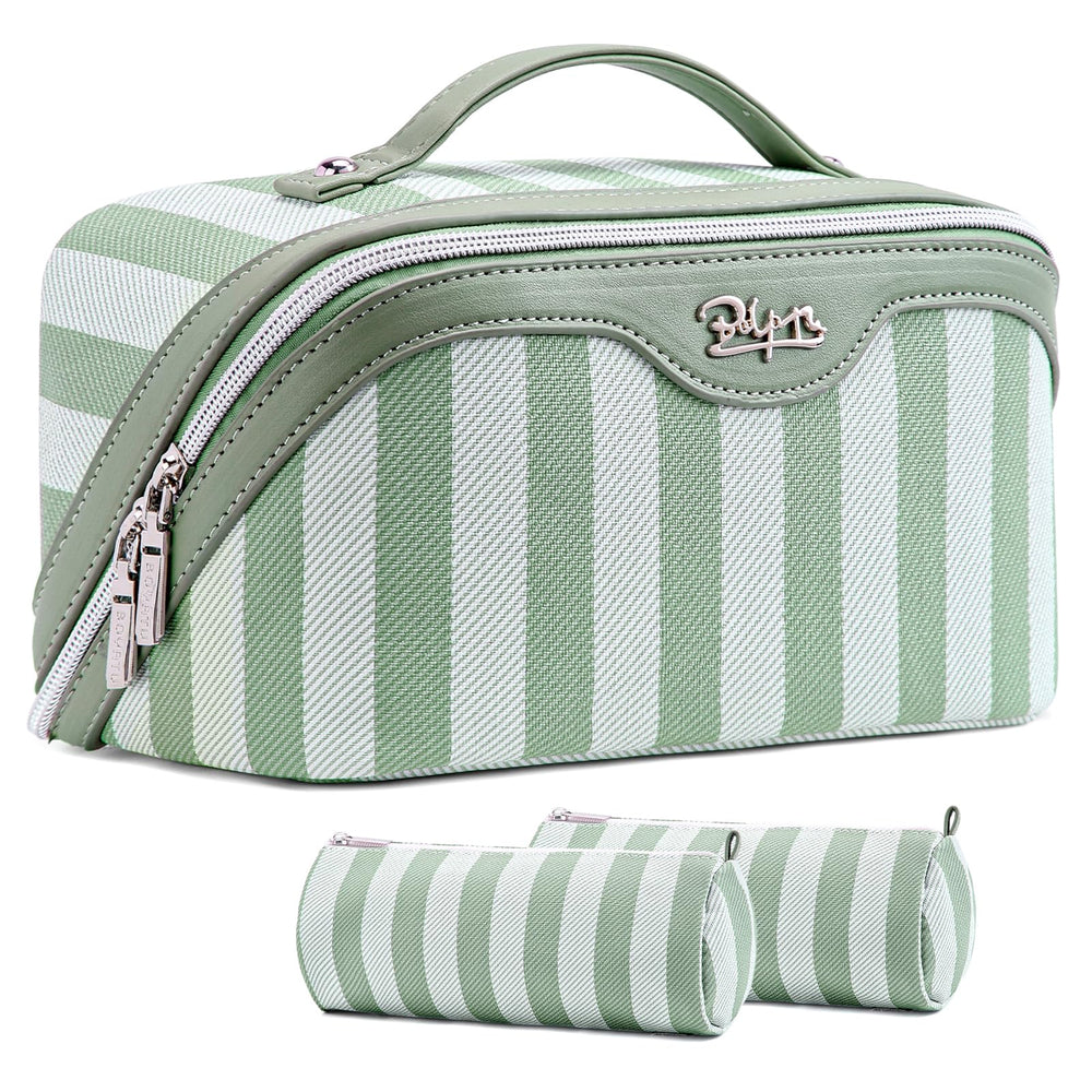 BOYATU travel makeup bag 3pc green with open compartments for easy access