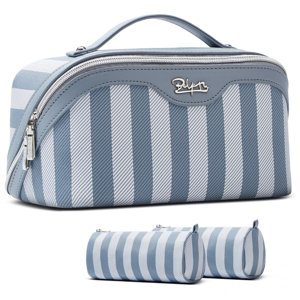 BOYATU travel makeup bag blue front view showing organized compartments for easy access