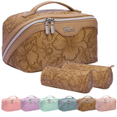 BOYATU travel makeup bag set front view with floral PU leather and organized pockets.