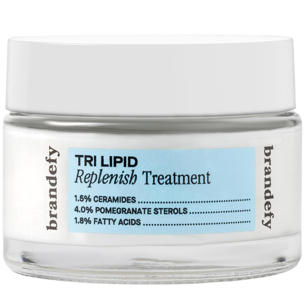 Brandefy Tri Lipid Replenish bottle close-up highlights hydrating ceramide protection.