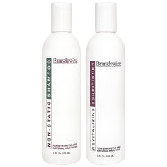 Brandywine anti-static shampoo bottle pouring for smoother wig fibers and reduced static.