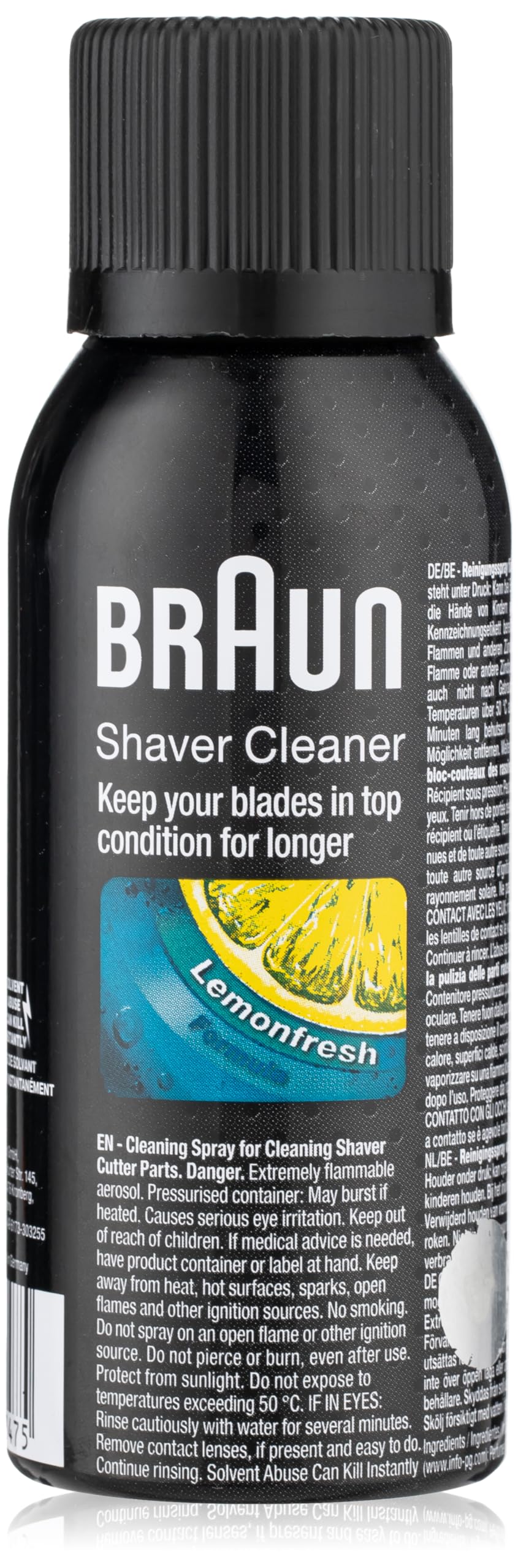 Braun 5002724 shaver cleaner spray bottle keeps shaver cutters clean and lubricated.