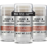 Bravo Sierra aluminum-free deodorant 3-pack bottles shown for travel protection.