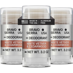 Bravo Sierra aluminum-free deodorant 3-pack bottles shown for travel protection.