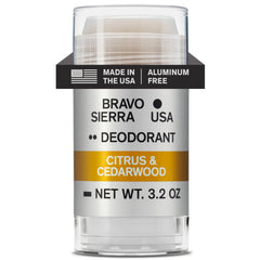 Bravo Sierra aluminum-free deodorant Citrus & Cedarwood bottle shows long-lasting protection