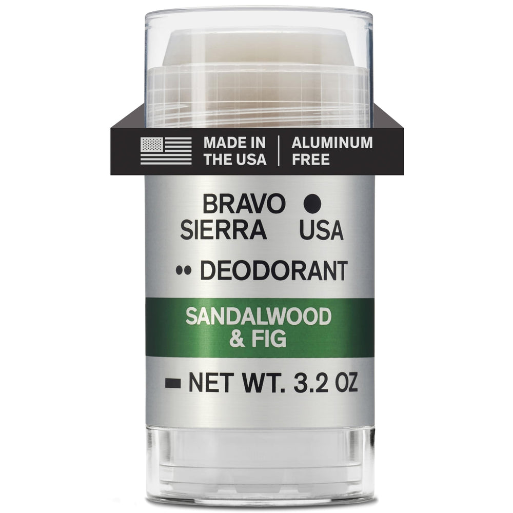 Bravo Sierra deodorant packaging highlighting sandalwood-fig scent for daily freshness