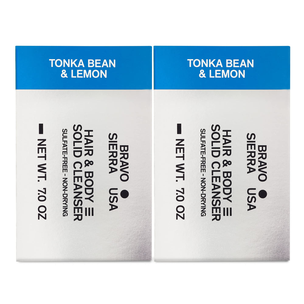 Bravo Sierra body-hair-solid-bar 2-pack packaging; all-in-one cleanser for face, hair, body