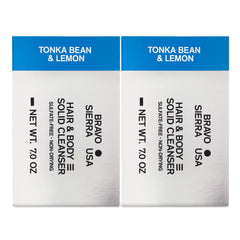 Bravo Sierra body-hair-solid-bar 2-pack packaging; all-in-one cleanser for face, hair, body