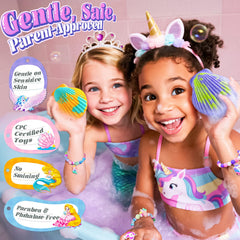 BreezeDream Mermaid shell bath bomb hides a durable toy for safe tub fun.