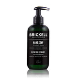 Brickell Hand Soap pump pour shows cedarwood rain scent for daily hand care.