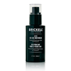 Brickell Men's 6 in 1 gel moisturizer bottle close-up emphasizing hydrating benefits for daily skin care.