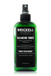 Brickell Men's Balancing Face Toner bottle closeup shows alcohol-free formula for daily refresh.