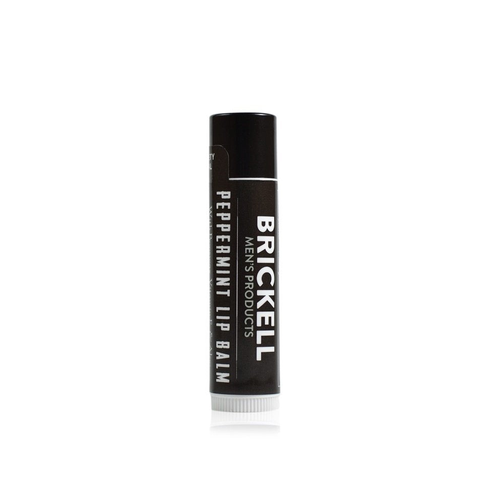 Brickell Men's No Shine Lip Balm packaging shows matte finish and SPF 15 protection.