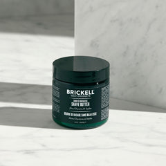 Brickell shave butter ingredients including aloe vera and coconut oil for hydration.
